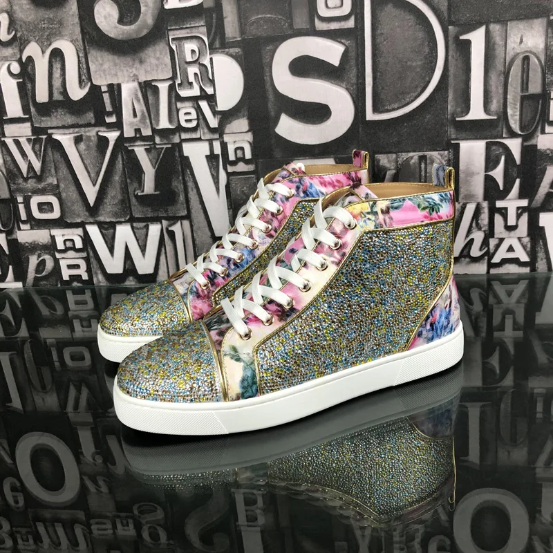 

Luxury new full diamond men's shoes leather rhinestone red bottom shoes couple models rivet high-top sneakers