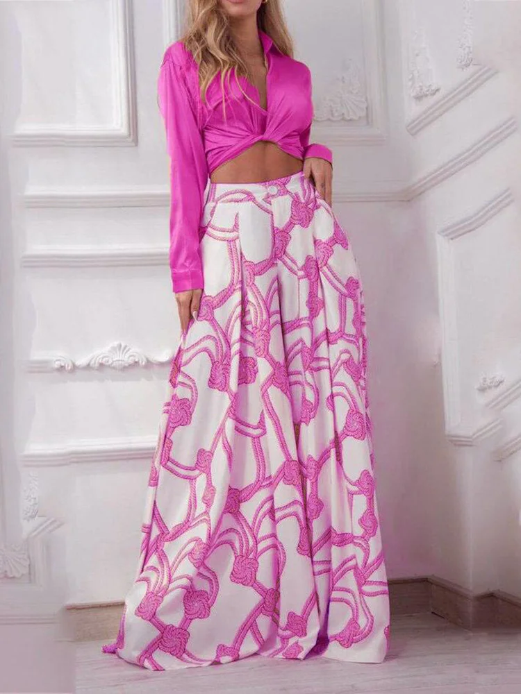 

Female Printed Pants Suit Spring Autumn Long Sleeve Casual Two Pieces Set Women Turn Down Collar Blouse Wide Leg Pants Outfits