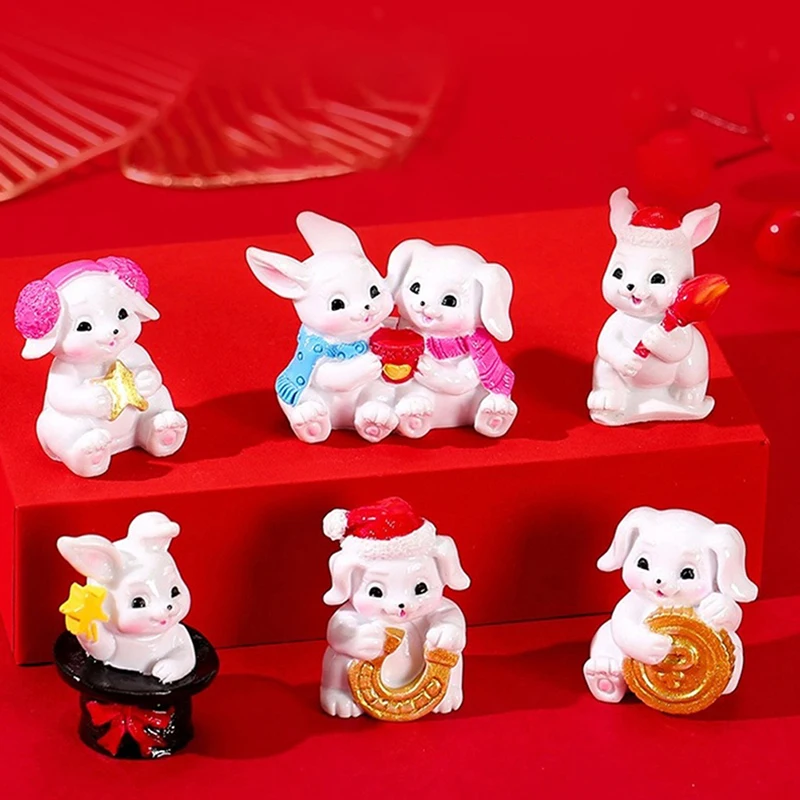 

6Pcs/Set Year Of The Rabbit Mascot Miniature Rabbit Ornament Model Dollhouse Cute Bunny Micro Landscape Model Home Decoration