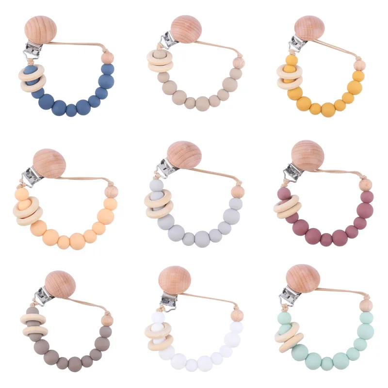 

New Baby Pacifier Clip Silicone Beads Bead Dummy Chain Hemu Ring Holder Soother Chains Beads wooden Clips Baby Teething Chew Toy