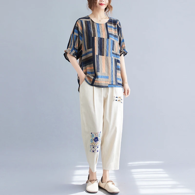 

2022 New Arrival Summer Arts Style Women Casual Loose Short Sleeve T Shirt All-matched Striped Cotton Linen O-neck T-shirt V128