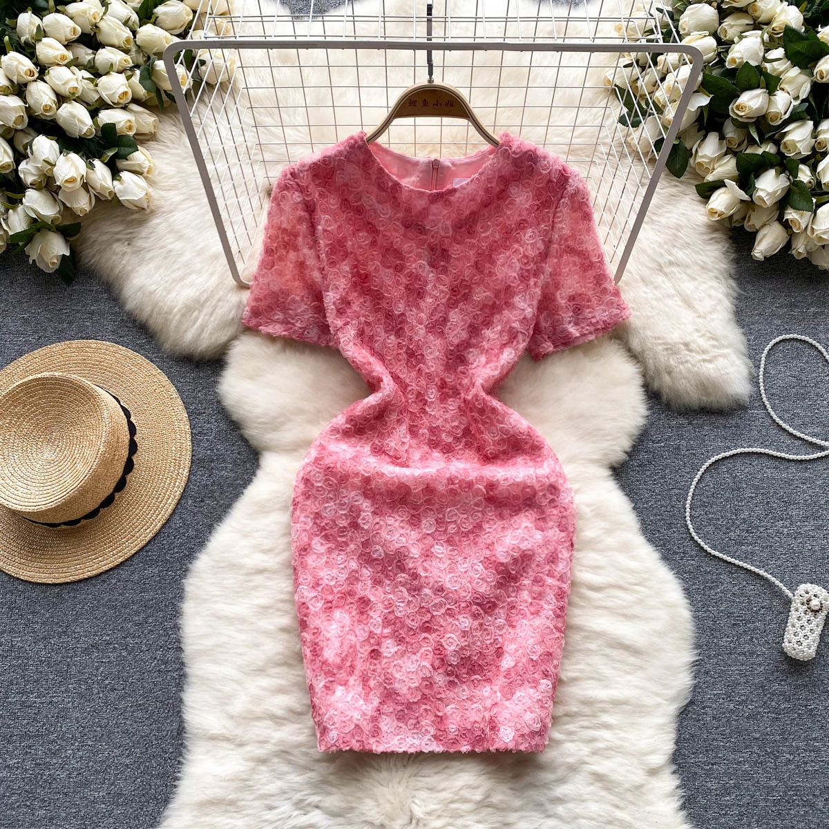 

High Quality Women Mesh Dress O Neck Shprt Sleeves Zipper Three Dimensional Flower Slim Bodycon Elegant Party Sundress