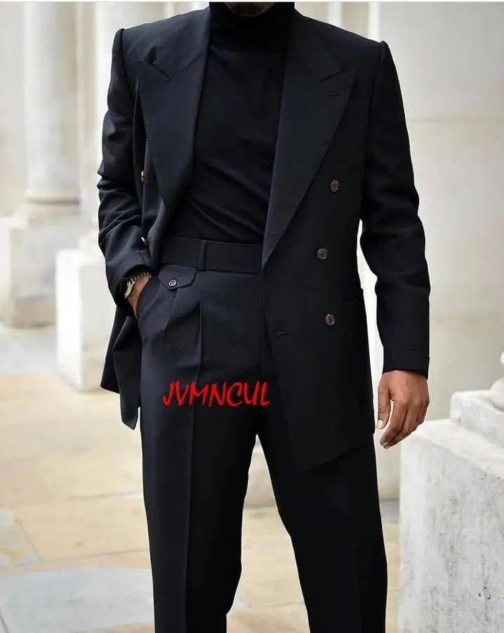 

Черные красивые двубортные мужские смокинги 2 штуки с широким лацканом приталенный Свадебный костюм Terno Masculino Блейзер брюки костюм для мужч...