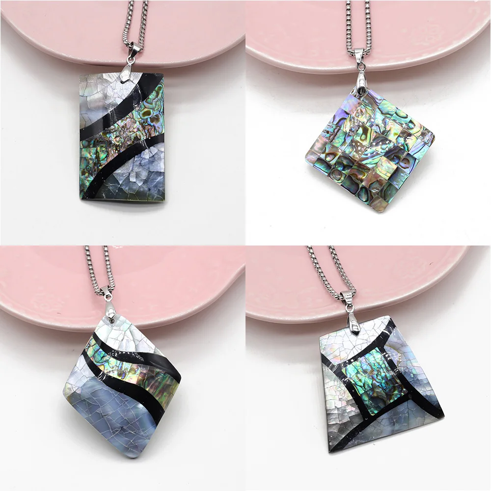 

Natural Shell Crack Abalone White Shell Splicing Rectangular Diamond Irregular Pendant Necklace for Charm Jewelry Accessories