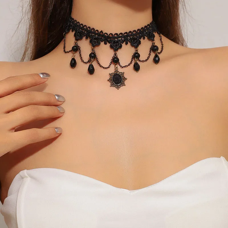 Винтажное классическое готическое кружевное колье для женщин черный кулон с