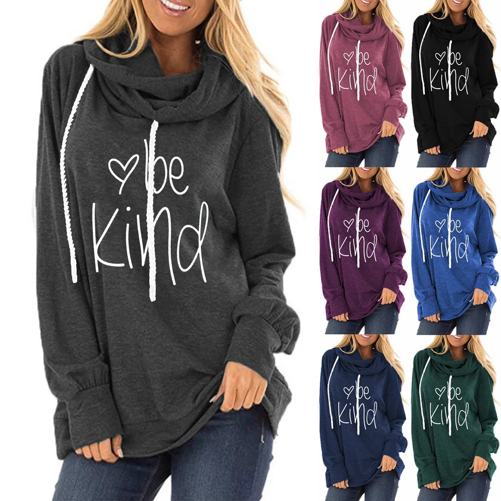 

Women's Drawstring Hoodie Letter Print Crew Neck Long Sleeve T-Shirt