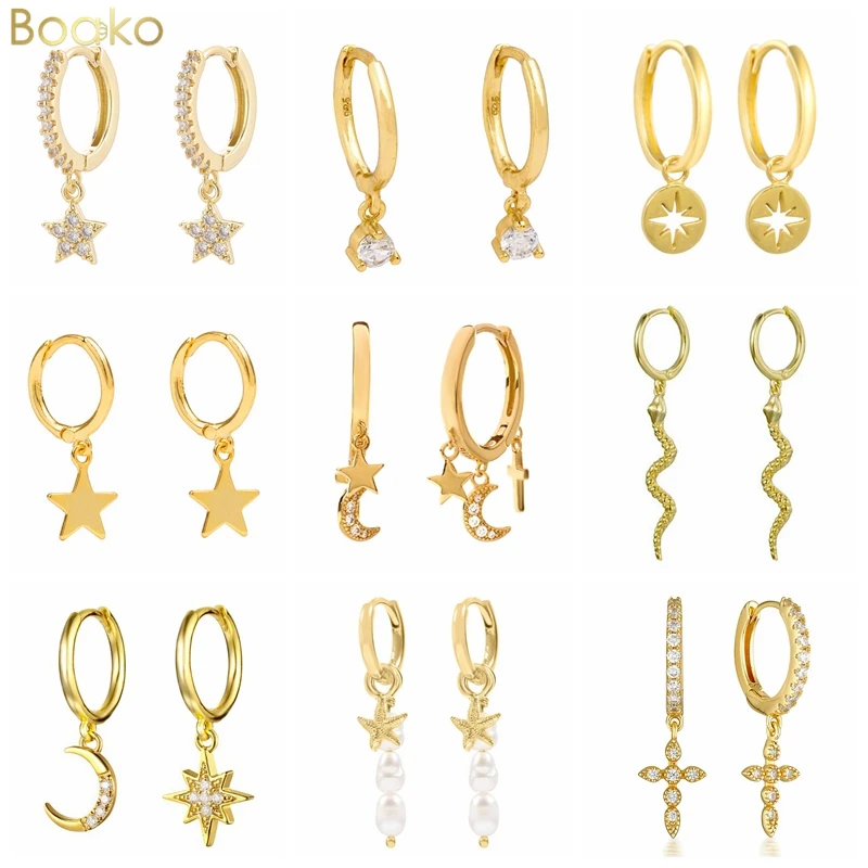 

BOAKO Fashion Hoops Earrings For Women Pendientes Plata Silver Moon Cross Water Drop Zircon Huggies Earrings Jewelry Wedding