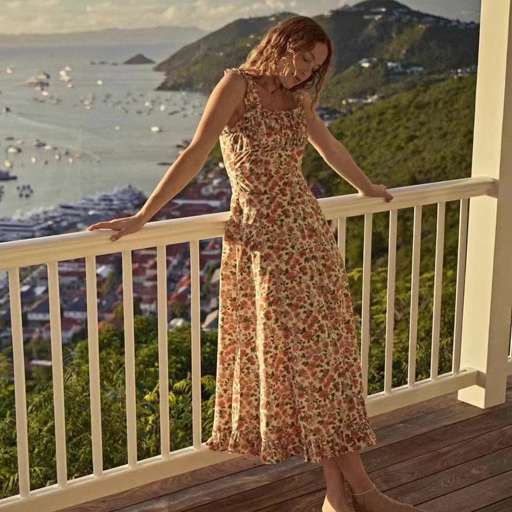 2023 Summer vintage rustic romantic floral print resort style slimming halter dress