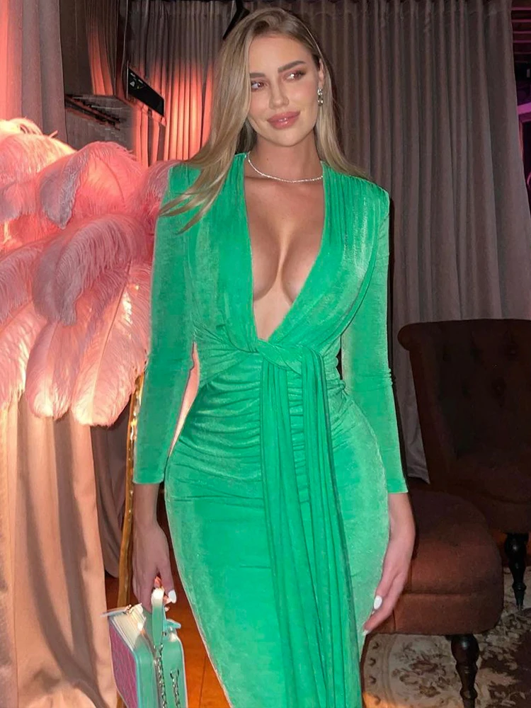 

Sunny Autumn Sexy Y2K Clothes Long Sleeve V-Neck Ruched Bodycon Birthday Midi Dresses For Women Club Party Elegant Fall Outfit