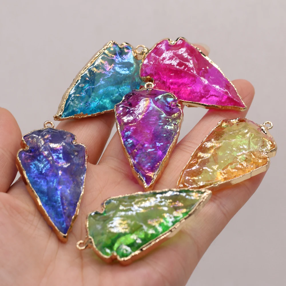 

Natural Stone Crystal Triangle Gilded Rim Hole Pendant For Jewelry MakingDIY Necklace Earring Accessories Gift Deco26x50mm