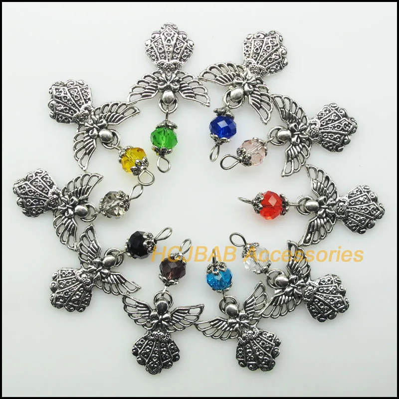 10 шт. Смешанные Круглые Кристальные античные серебряные подвески в виде цветка для танцев, 24x26 мм