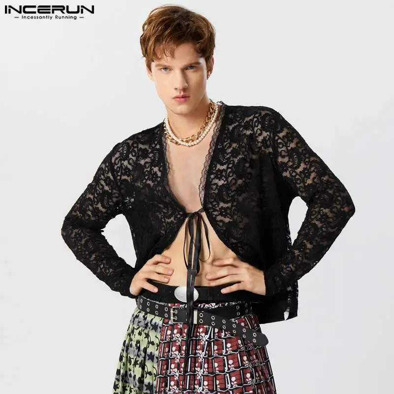 

Мужская кружевная рубашка составного кроя с V-образным вырезом и длинным рукавом, кружевная Асимметричная рубашка унисекс, уличная одежда, прозрачные сексуальные рубашки, 2023