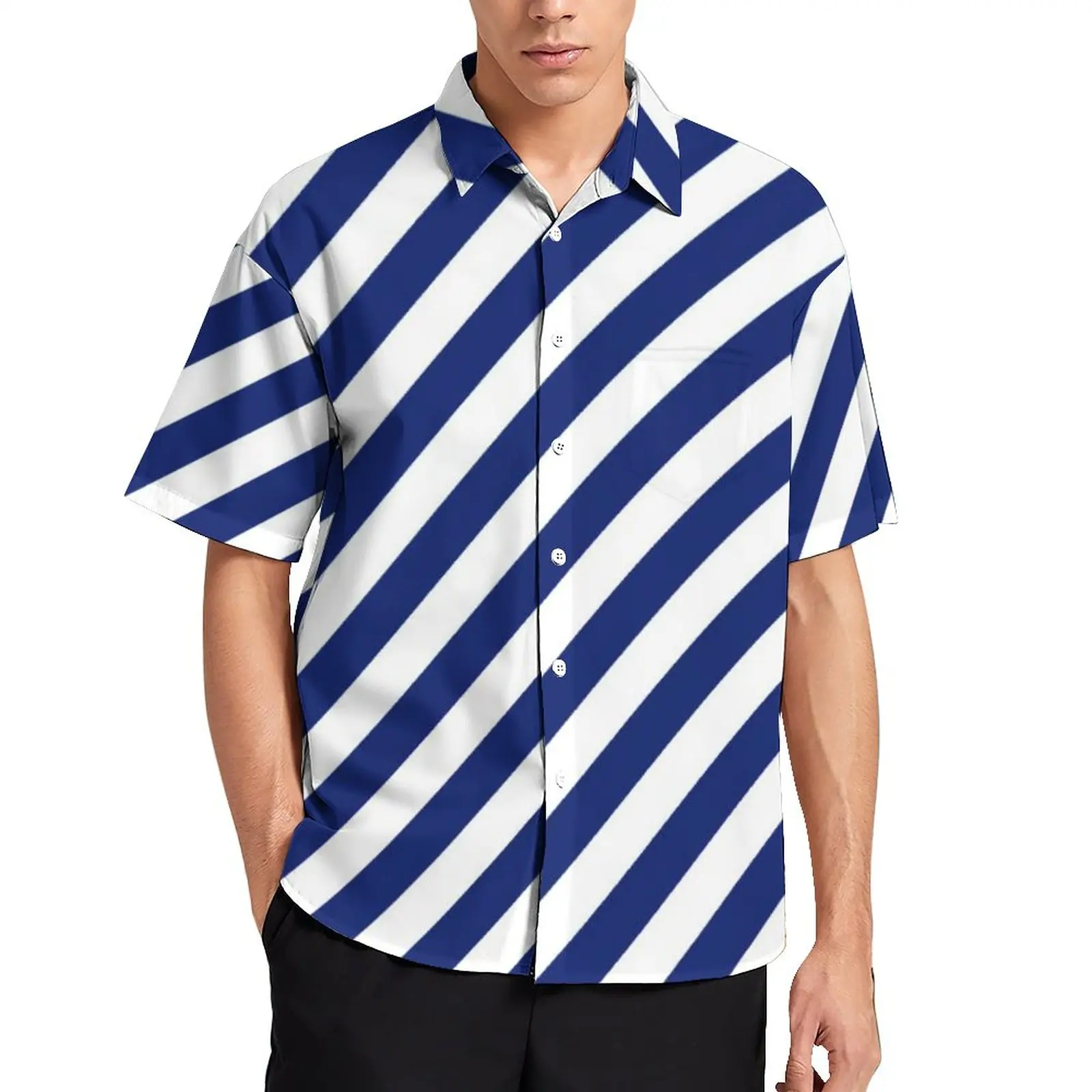 

Navy Blue White Nautical Blouses Male Diagonal Stripes Casual Shirts Summer Short-Sleeve Custom Fashion Oversized Beach Shirt