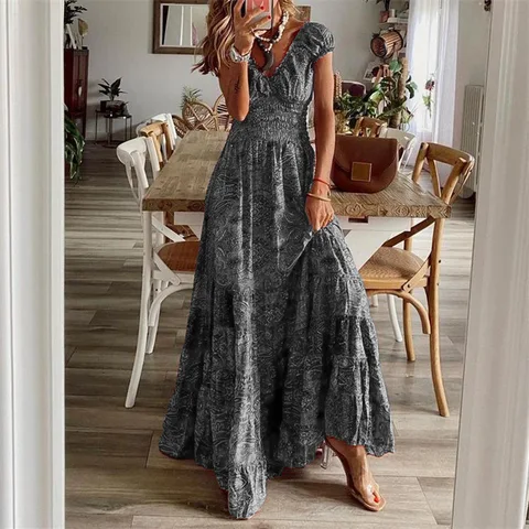 Summer Vintage Long Dresses Women 2023 Bohemian Elegant Floral Print V Neck Robe Beach Holiday Casual Big Swing Maxi Dresses