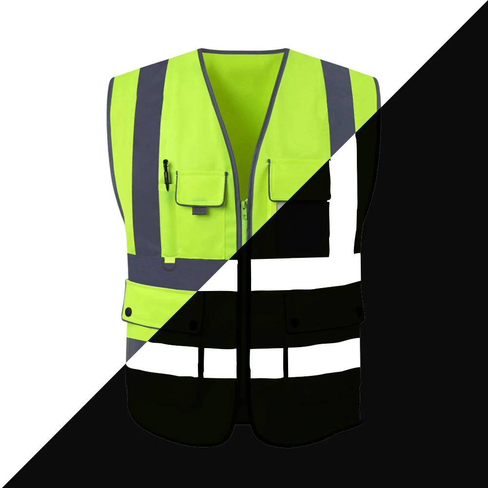 High Visibility Reflective Vest Zipper Front Safety With Strips Construction Workwear
