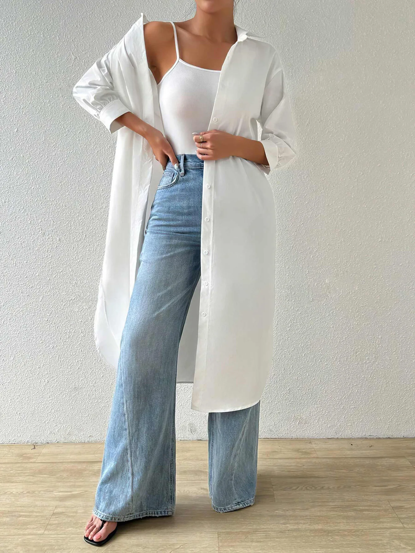 Весенне-осенняя повседневная женская рубашка однотонная с рукавами три четверти