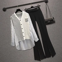 large womens wear spring and autumn 2022 new long sleeved knitted irregular striped shirt trousers two piece casual suit