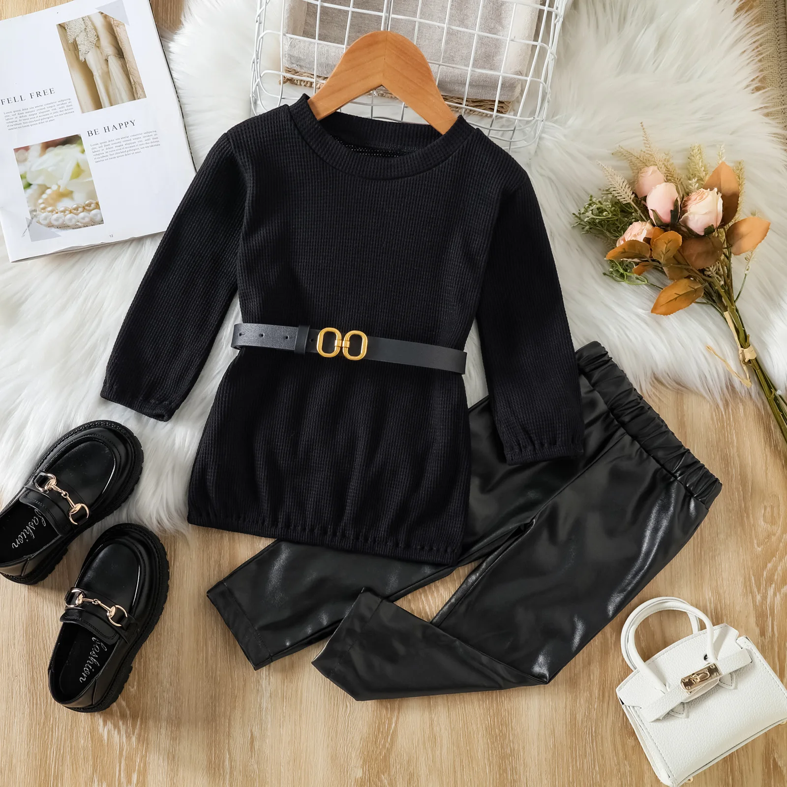 

1-6Y Kid Girls Autumn Winter Clothes Set Baby Long Sleeve Knit Tops with Waist Belt + PU Leather Long Pants Children Outfits
