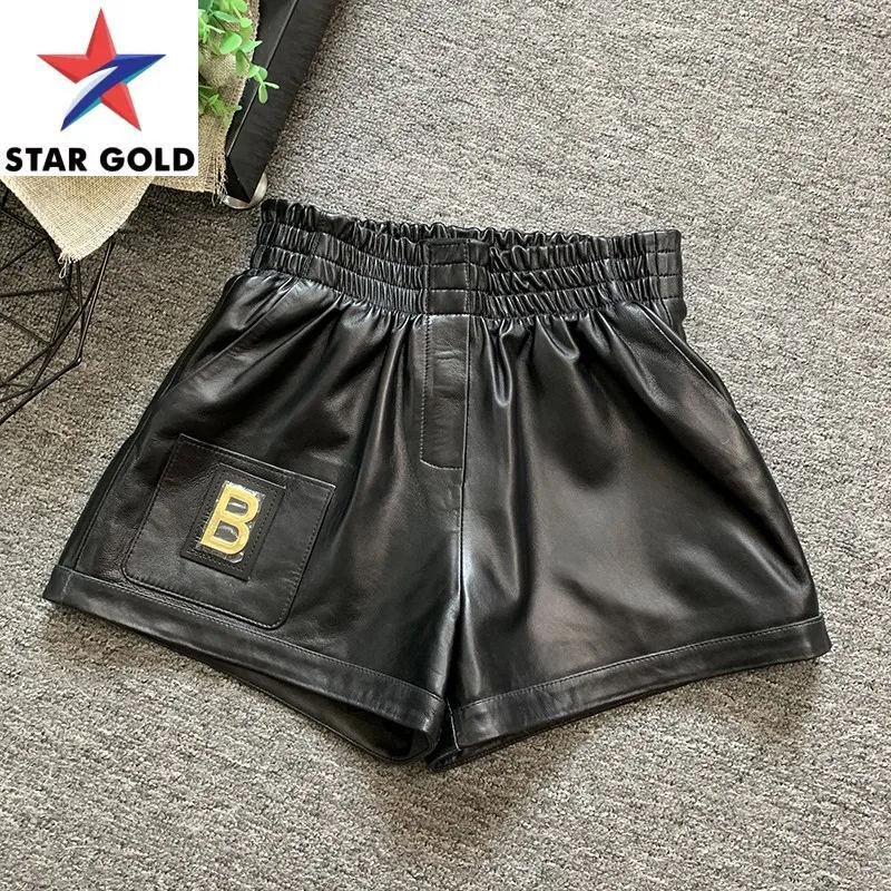 Women High Street Loose Fit Wide Leg Top Quality Sheepskin Genuine Leather Shorts Casual Elastic Waist Ladies Trousers
