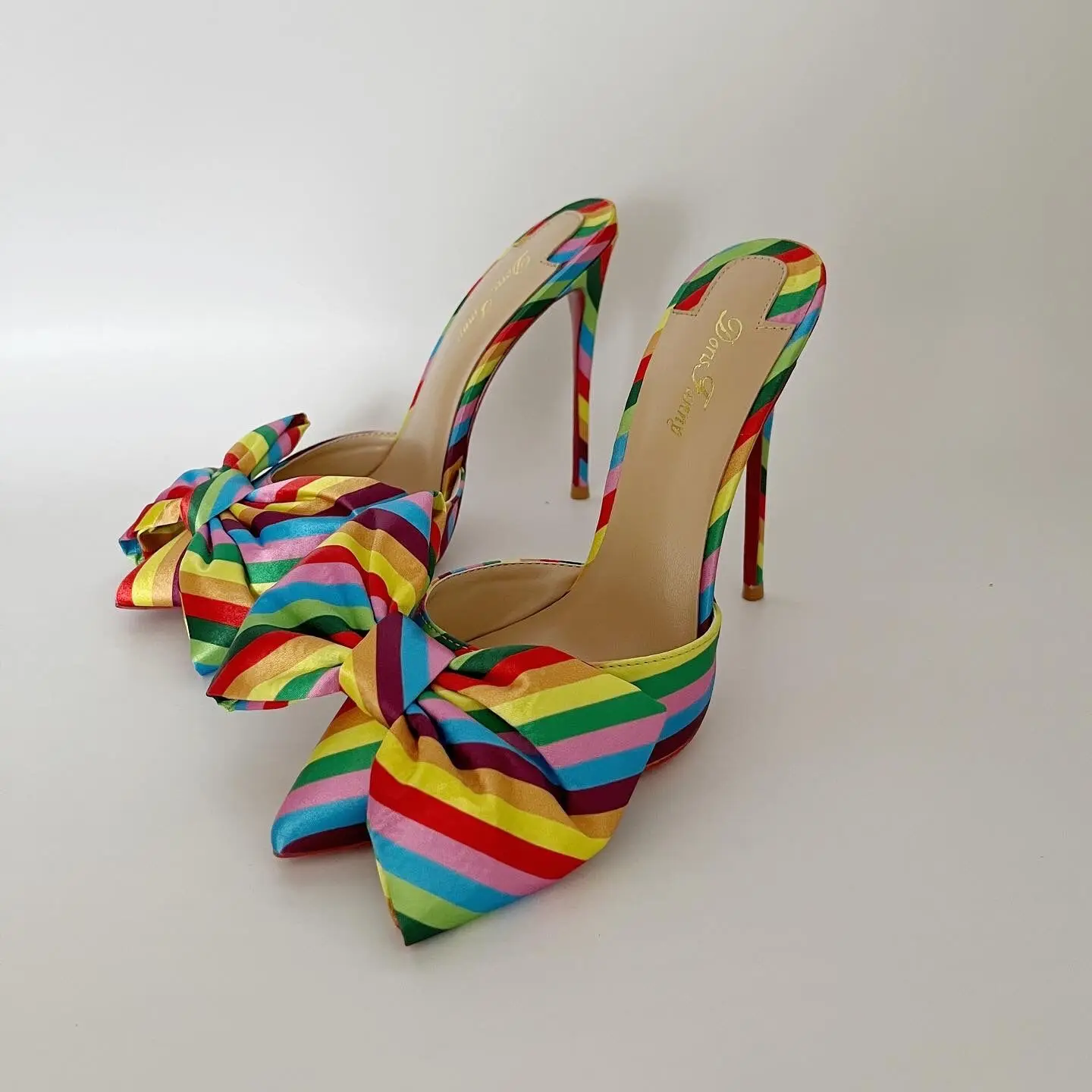 

Doris Fanny Multi Rainbow Colors Summer Women's Slipper Satin Cloth Big Bowtie Stiletto 12CM 10CM 8CM High Heel Slides Sandals
