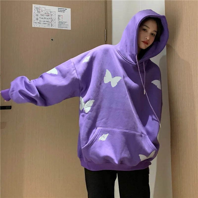 Reflective Butterfly Hooded Sweatshirts Women Thick Fleece Loose Casual Pullovers Autumn Winter Big Pocket Leisure Warm Hoodies