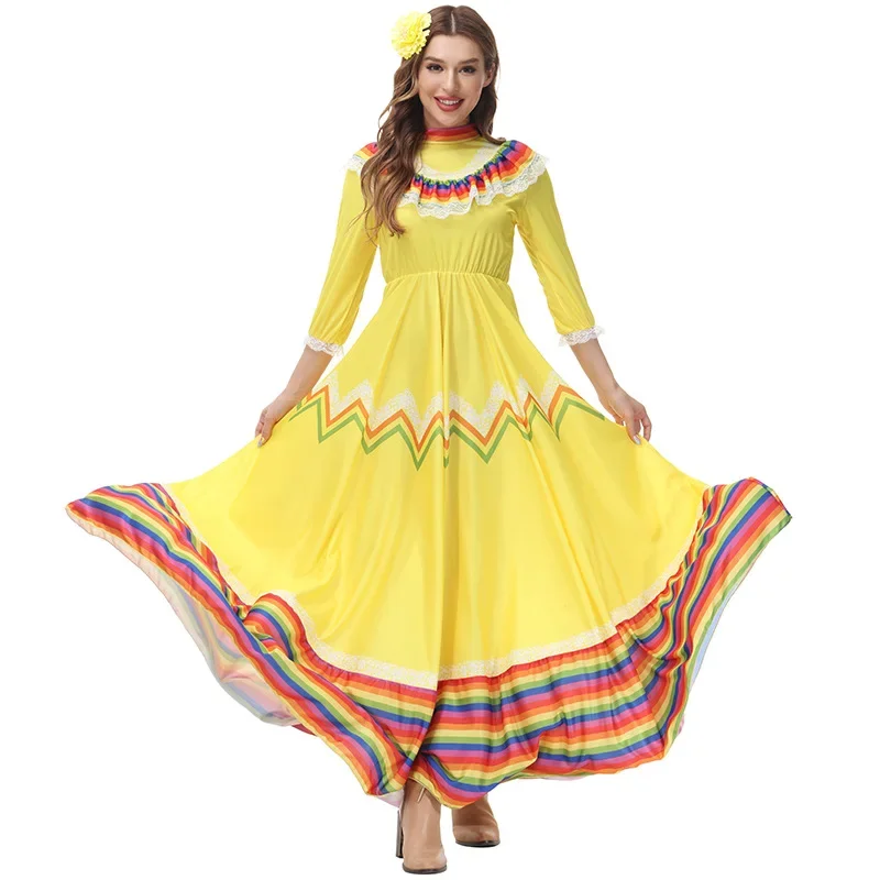 Фото Традиционное мексиканское платье, женский танцевальный костюм Folklorico для взрослых, с длинным рукавом, фиеста, Джелиско, распашная юбка, национальный фестиваль Сенориты №3