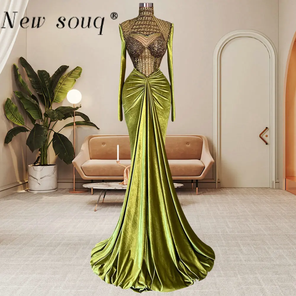 

Sage Green Beaded High Neck Long Draped Evening Dresses 2023 Muslim Full Sleeves Special Occasion Velvet Mermaid Party Gowns