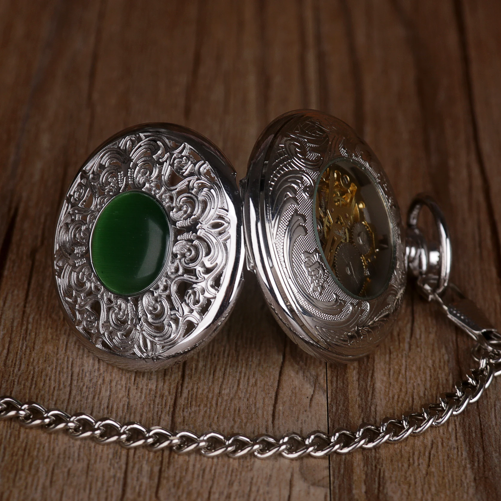 Vintage Green Jade Stone Imitation Mechanical Pocket Watch Strap Chain Pendant Souvenir Men's Ladies Popular Gifts