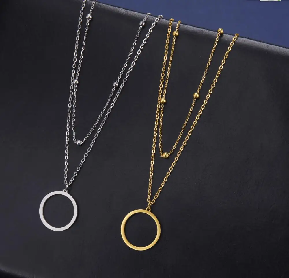 

1PC New Trend Stainless Steel Double Layer Bead Annulation Pendant Necklace For Women Stacked Choker Party Gift Jewelry F1200