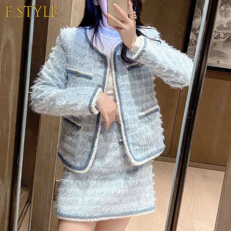 Autumn Winter high quality Women Tweed 2 Piece Outfits Elegant Pocket Single-Breasted Jacket Coat+High Waist A-Line Skirt Suits