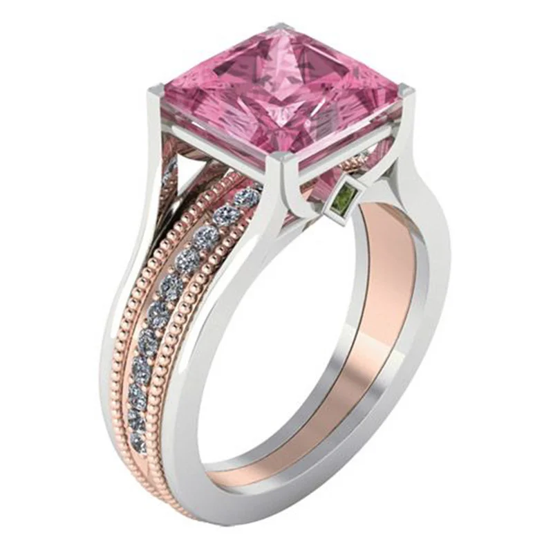 

European and American jewelry color separation pink crystal ring two-color square zircon wedding female