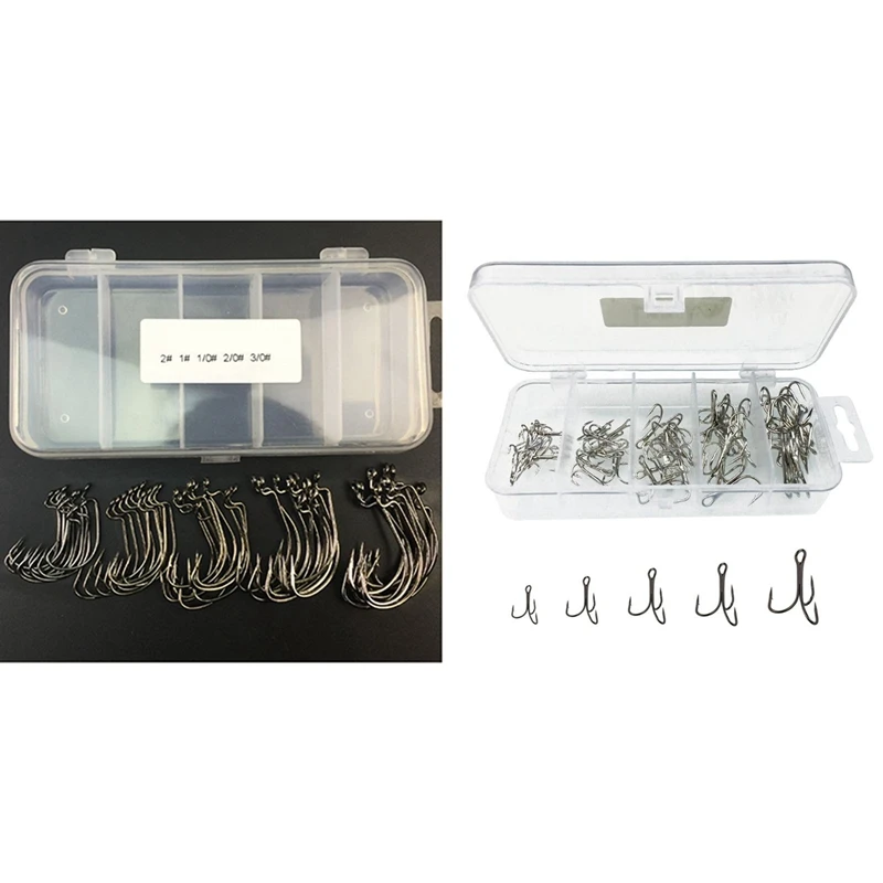 

51Pcs Fishing Hooks High Carbon Steel Worm Senko Bait Jig Fish Hooks & 50X Treble Fishing Hook Set Size 2/4/6/8/10