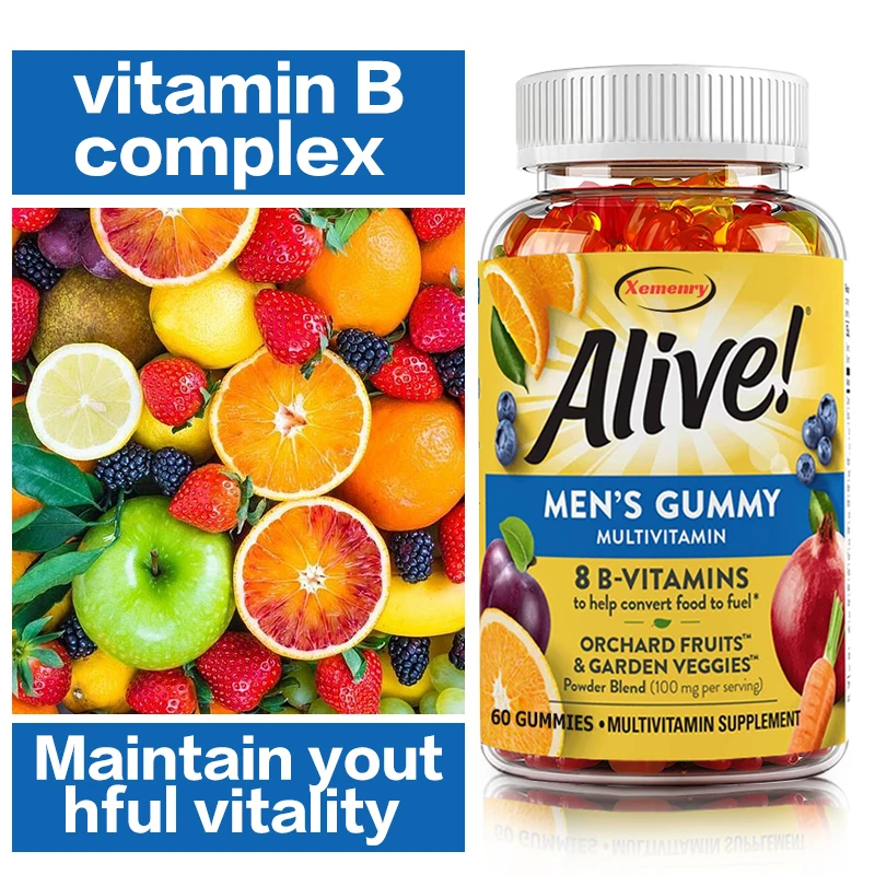 

Alive! Men's Energy Multivitamin Gummies Supports Healthy Aging & Cellular Energy B Vitamins Fruit Flavors, 60 Gummies
