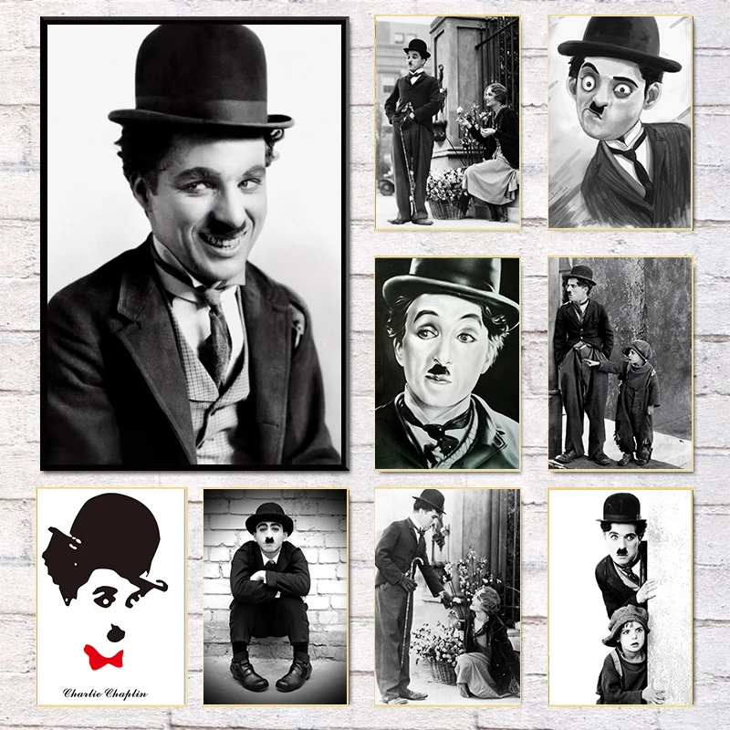 

Черно-белый граффити искусство Чарли Чаплин и мальчик кино постеры Картина на холсте настенные художественные принты гостиная домашний де...