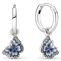 authentic 925 sterling silver sparkling blue butterfly with crystal hoop earrings for women wedding gift pandora jewelry