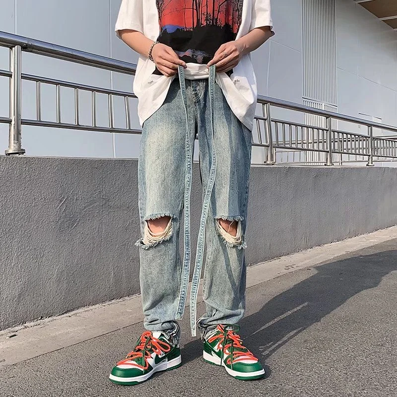 Summer Ripped Blue Jeans Men's Slim Fashion Casual Straight Jeans Men Streetwear Hip Hop Hole Denim Pants Mens Trousers M-3XL