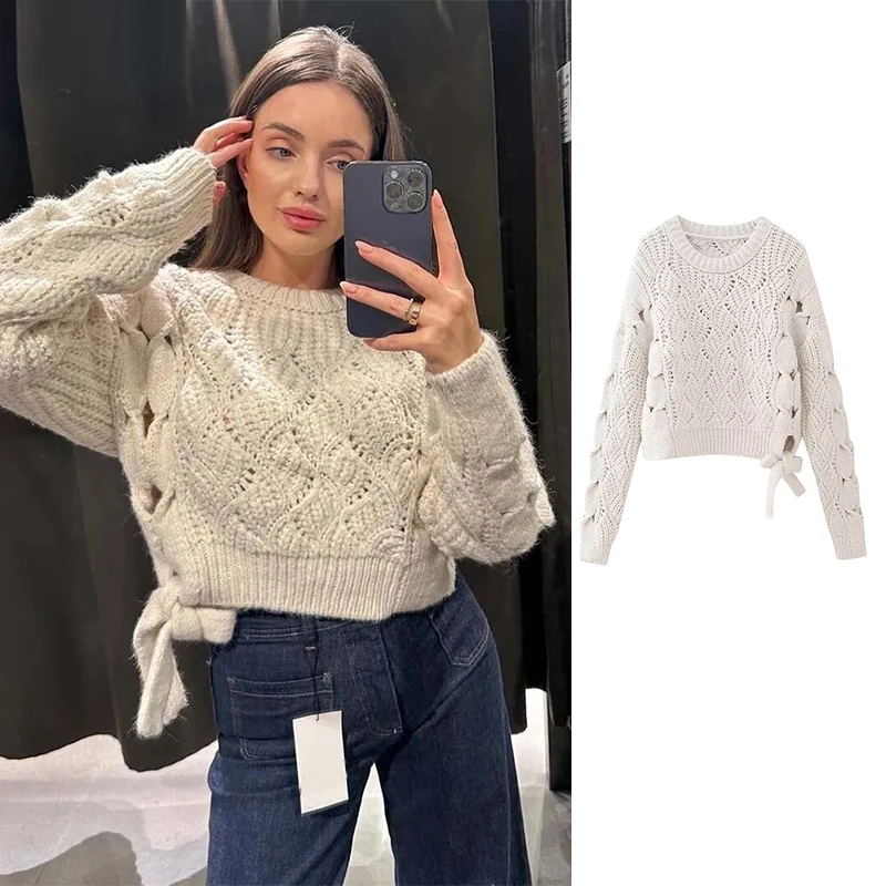 

TRAF 2023 Cropped Sweaters for Women Hollow Out Sweater Woman Long Sleeve Knitted Sweater Women Autumn Basic Pullovers Tops