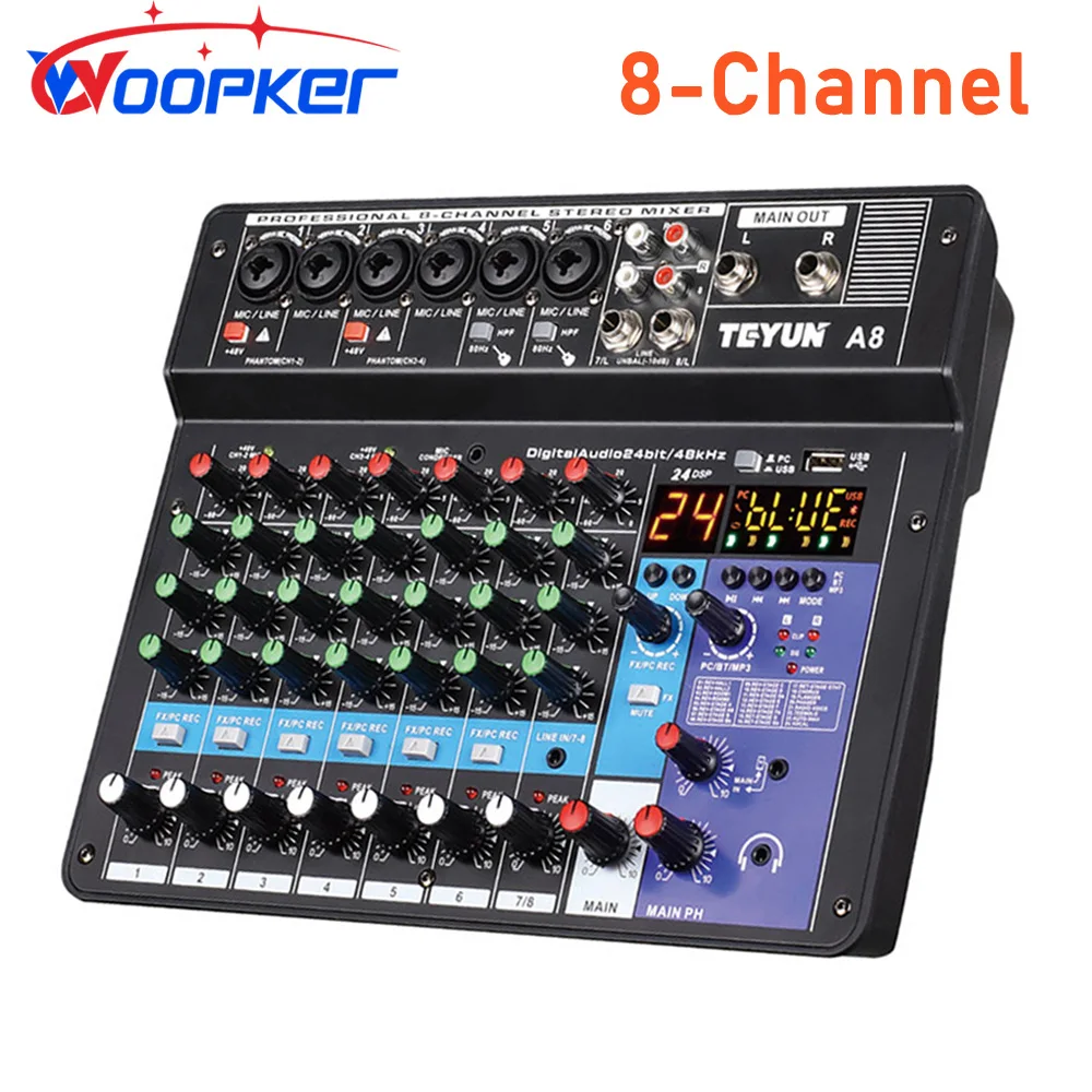 Audio Mixer 8-Channel Sound Mixing Console A8 Support Bluetooth USB 48V Power for Karaoke Party Recording Webcasting