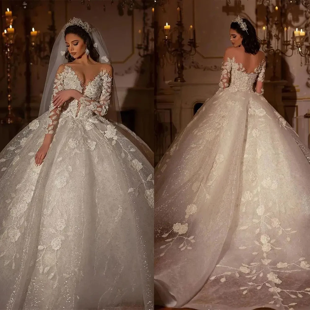 

Glitter Ball Gown Wedding Dresses Long Sleeve Beads Appliques Bridal Gowns Backless Sweep Train Custom Made Vestido De Novia