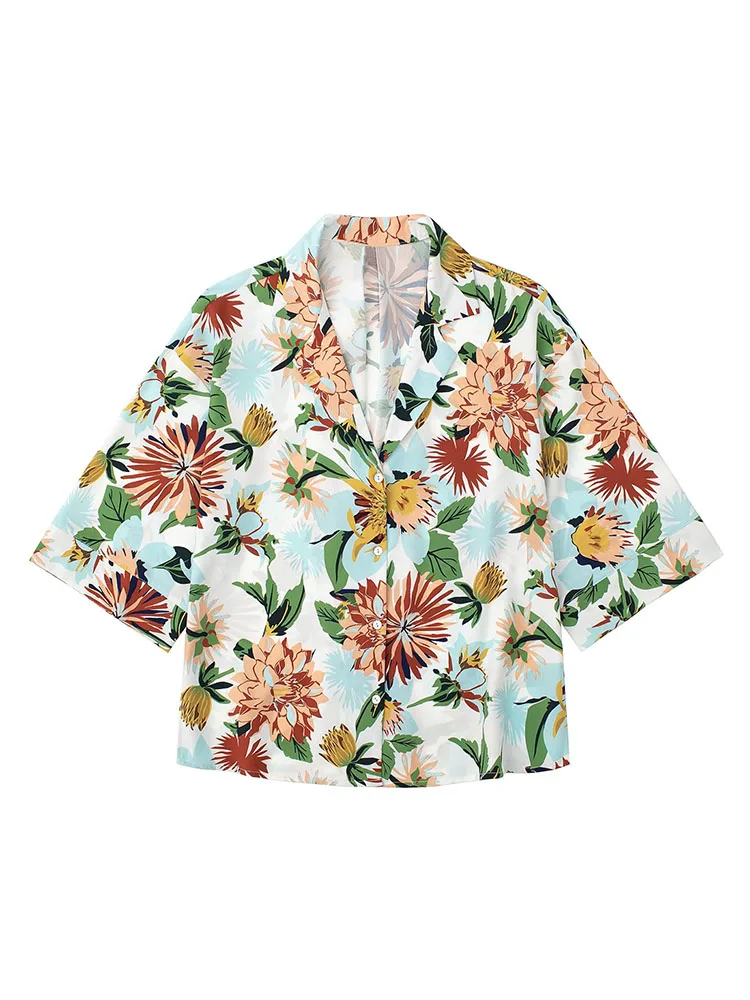 

Женская атласная блузка с коротким рукавом и цветочным принтом, на пуговицах