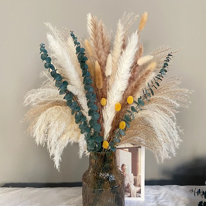 

130Pcs Pampa Grass Dried Flowers Wedding Decoration Boho Home Decor Bouquet Plants Home Dried Flowers Bouquet Ramadan Decoration