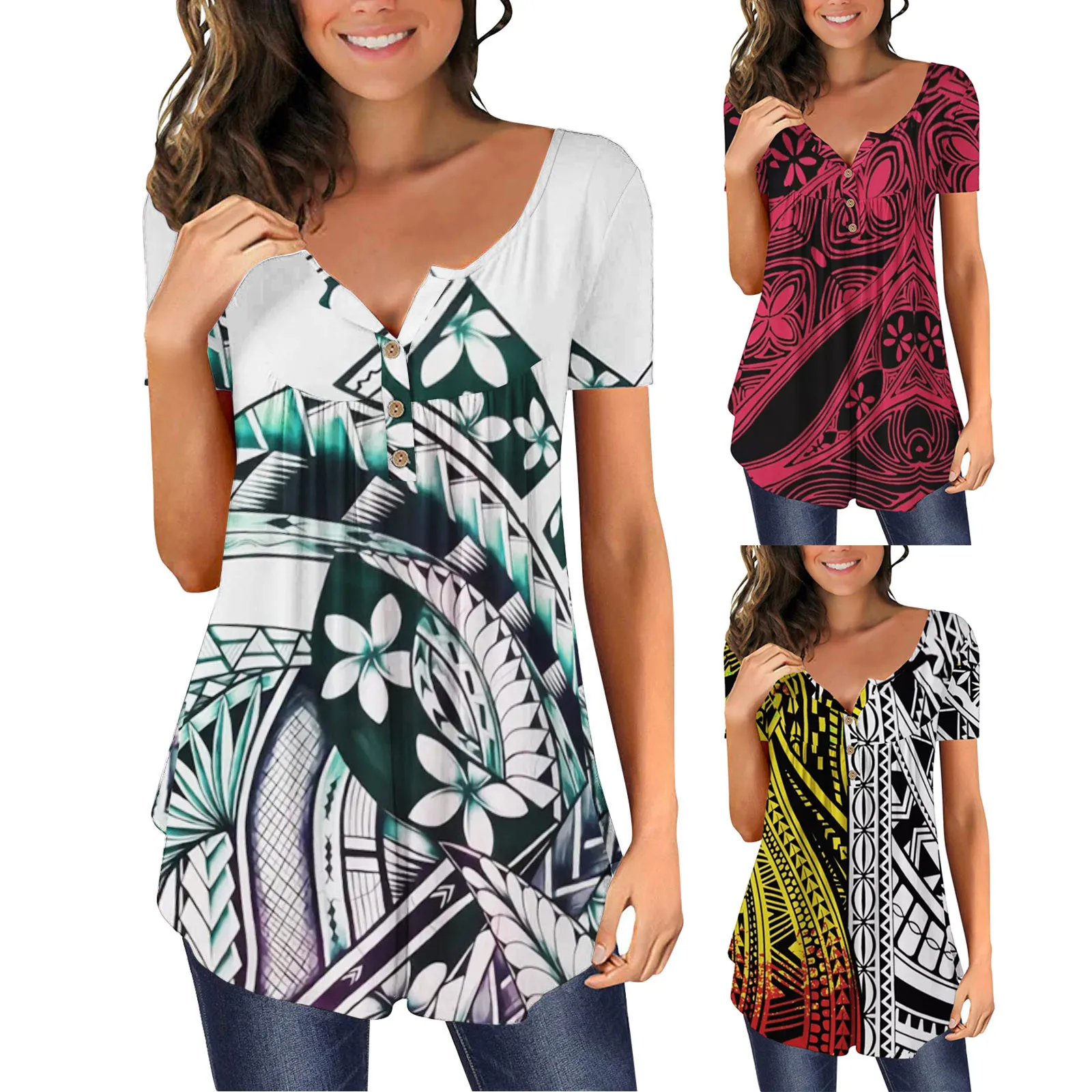 

Женская туника с коротким рукавом и круглым вырезом, повседневные рубашки, летние топы, туника, топ на пуговицах, маленькие женские футболки...