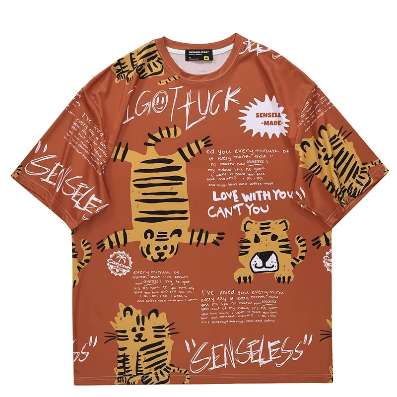 

Hip Hop Streetwear Harajuku T-Shirt Full Print Tiger Letter T Shirt 2022 Men Summer Short Sleeve Tshirt Polyester Tops Tees