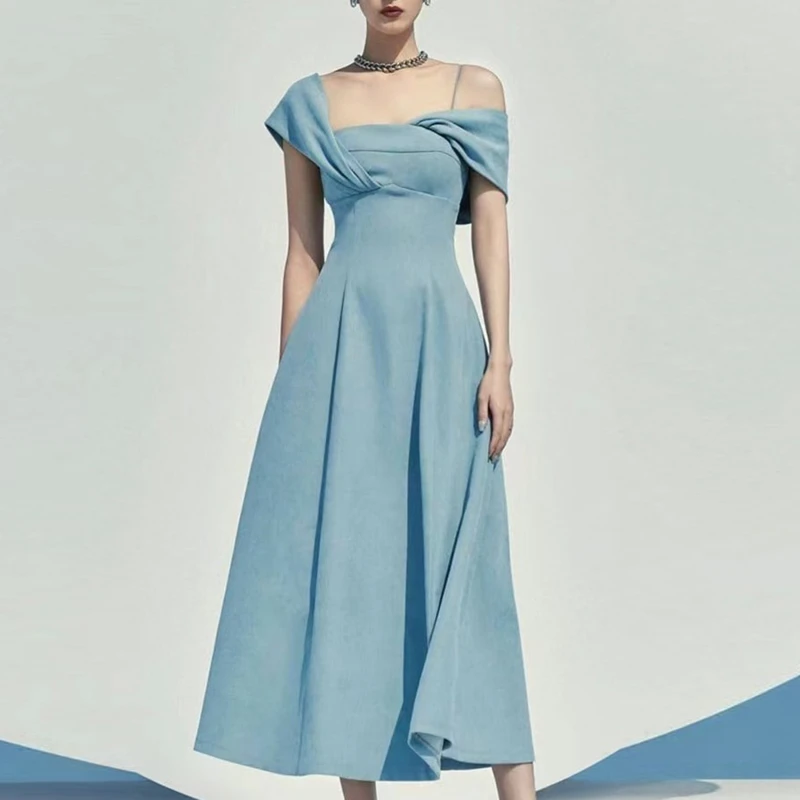 

High Quality Runway Spring Blue Party Dress Elegant Women Asymmetry Diagonal Collar Short Sleeve Female Slim Waist Long Vestidos