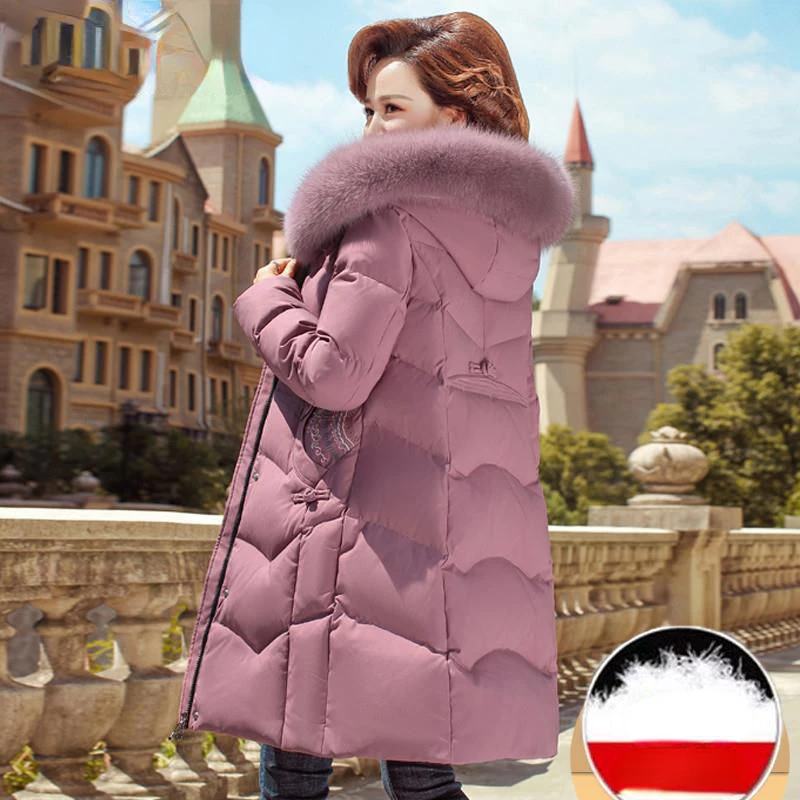 

Middle-aged Women's Parkas Real Fur Collar Jackets Winter Add Velvet Thicken Hooded Coats Down Jacket Womens Mama Overcoat E559