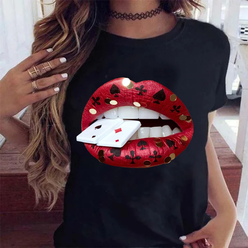 Red Lips Playing Card Print Tops Tee New Women Fashion T-shirt Female Cute Graphic Short Sleeve Tee Shirts Ladies O-neck Tops