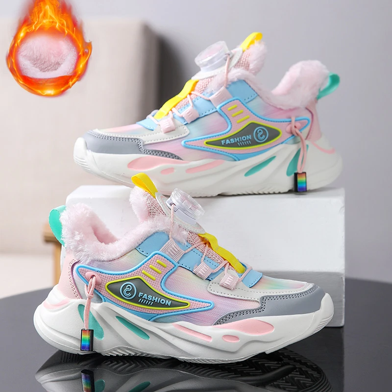 

Теплые кроссовки для девочек, зимняя детская обувь для бега из искусственной кожи, водонепроницаемые детские ботинки, плюшевая теплая уличная спортивная теннисная обувь для девочек