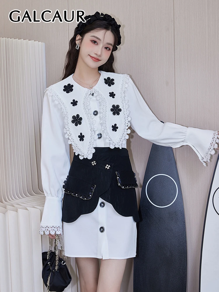 

GALCAUR Hit Color Two Piece Sets Women Peter Pan Collar Flare Sleeve Spliced Floral Top Irregular Waist Seal Fashion Set Female