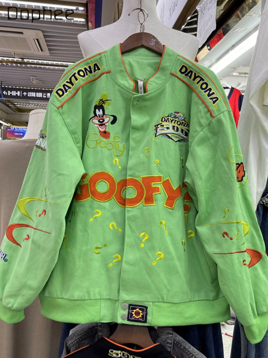 

Fashionable Green Denim Jacket Women Autumn New Machine Embroidery Alphabet Cartoon Loose and Stylish Long Sleeves Jeans Coat