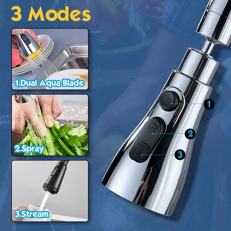 

3 Modes Kitchen Shower Faucet Tap 360 Degree Rotatable Spray Head Tap Durable Faucet Filter Nozzle Water Saving Faucet